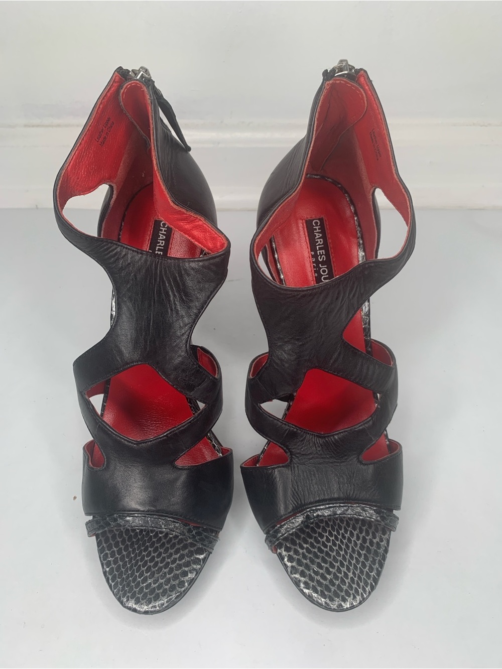 Charles Jourdan Black Leather Cutout Heels with Red Interior